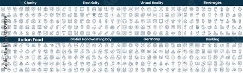 Linear Style Icons Pack. In this bundle include charity, electricity, virtual reality, beverages, italian food, global handwashing day, germany, banking