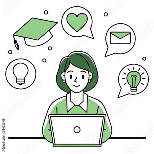 Smiling woman working on laptop surrounded by communication and graduation icons shows transparent background