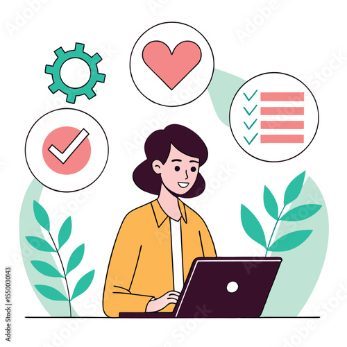 Smiling woman works at laptop with heart, gear, tick and checklist icons floating