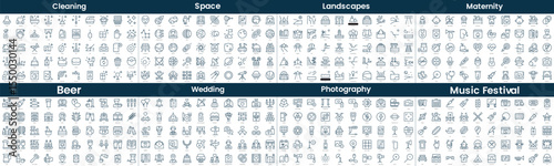 Linear Style Icons Pack. In this bundle include cleaning, space, landscapes, maternity, beer, wedding, photography, music festival