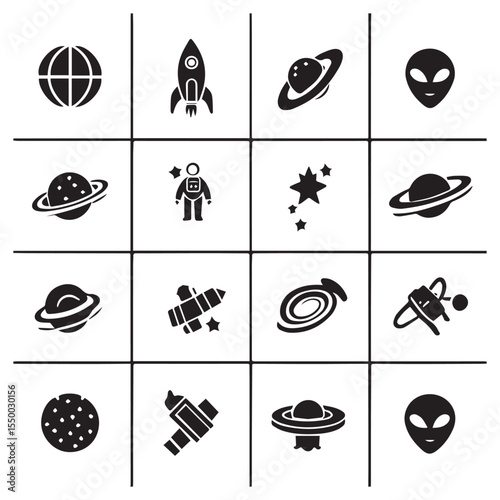 Collection of space and science fiction icons featuring planets rockets astronauts aliens and ufos