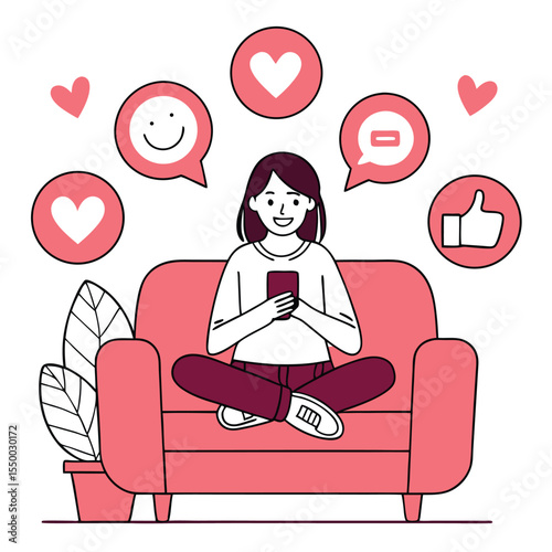 Smiling young woman sits on pink couch surrounded by social media icons and a plant