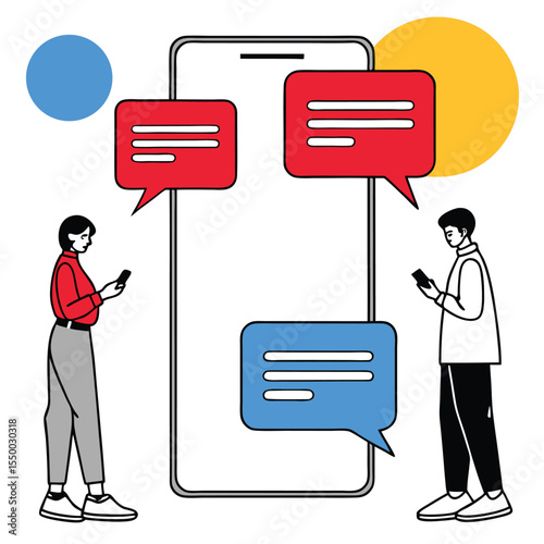 Two diverse individuals are texting near the phone with message bubbles on a white backdrop