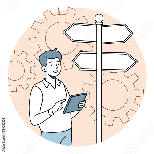 Young adult uses tablet near blank road sign with gear background on transparent background