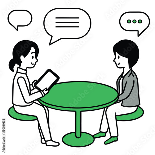 Two young women are sitting at a table while communicating and having a conversation