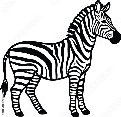 Standing Zebra Silhouette Vector – Full Body Profile with Classic Black and White Stripes, Wildlife Illustration