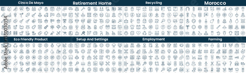 Linear Style Icons Pack. In this bundle include cinco de mayo, retirement home, recycling, morocco, eco friendly product, setup and settings, employment, farming