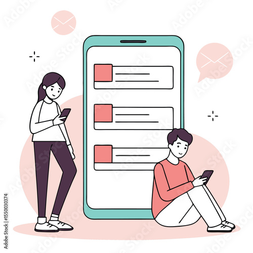 Young adults use phones near a mobile phone with message boxes on white