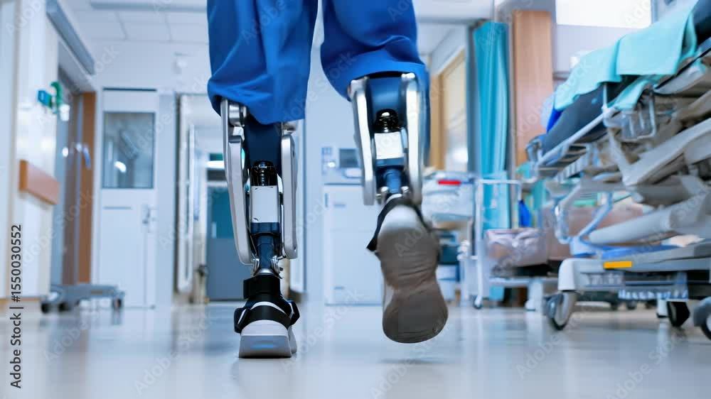 A person with advanced robotic leg prosthesis walking through along hospital corridor. Healthcare and technology improving mobility and independence for people with disabilities.