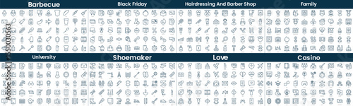 Linear Style Icons Pack. In this bundle include barbecue, black friday, hairdressing and barber shop, family, university, shoemaker, love, casino