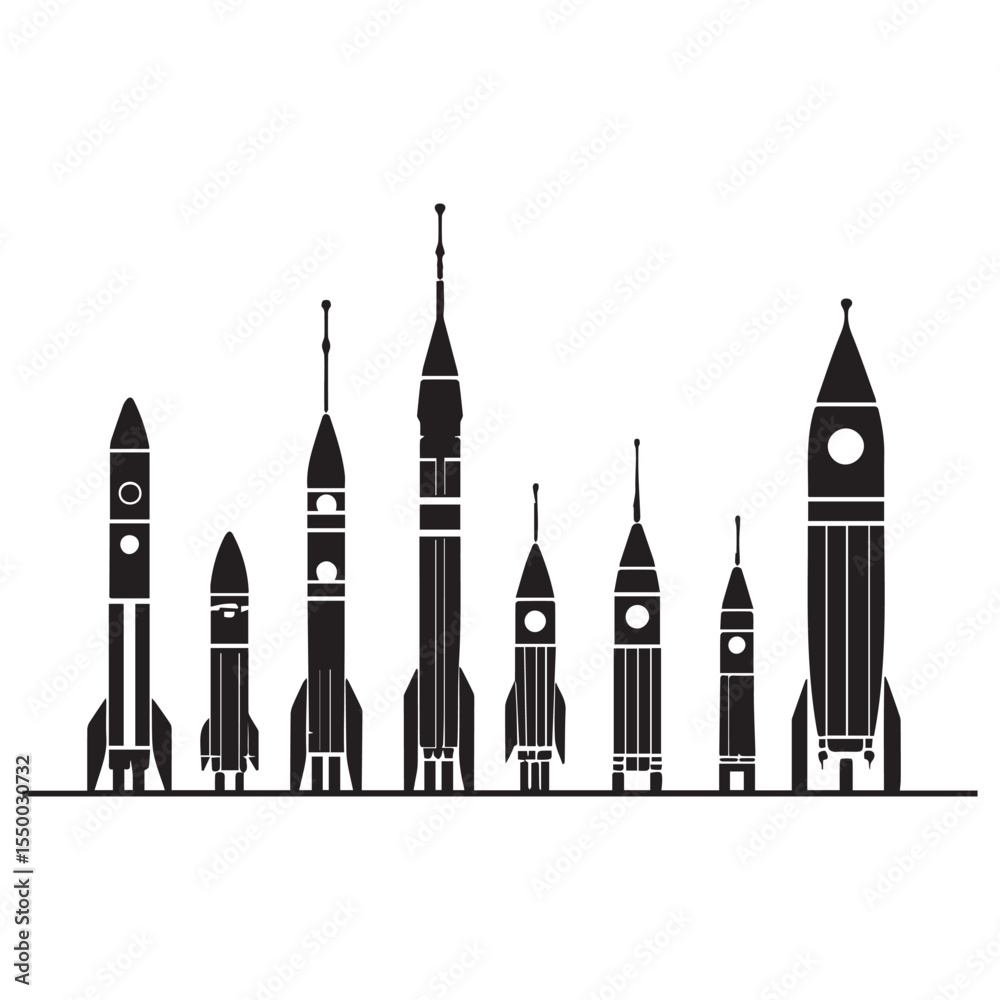 Fototapeta premium Collection of stylized black rocket ship silhouettes on a white background