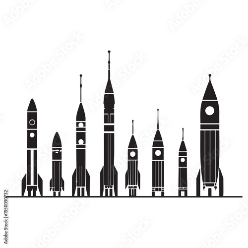 Collection of stylized black rocket ship silhouettes on a white background