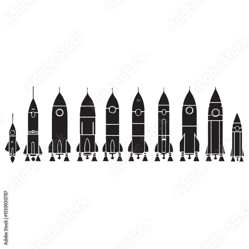 Collection of diverse black rocket silhouettes arranged in a horizontal line against a white background