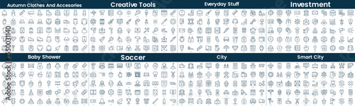 Linear Style Icons Pack. In this bundle include autumn clothes and accesories, creative tools, everyday stuff, investment, baby shower, soccer, city, smart city