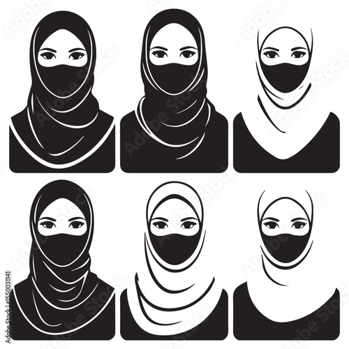Six diverse stylized illustrations of women wearing hijabs and niqabs