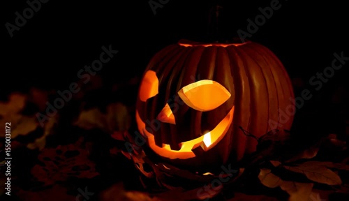 Halloween pumpkin glows brightly among fallen leaves at night