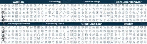 Linear Style Icons Pack. In this bundle include aviation, archeology, climate change, consumer behavior, contraceptive methods, coworking space, credit and loan, dentist