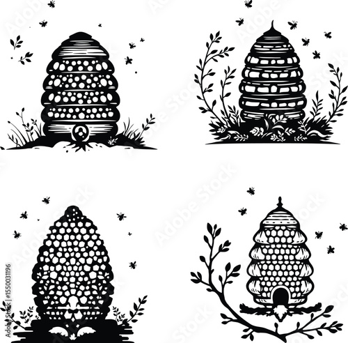 Beehive Silhouettes Vector – Decorative Black and White Designs with Bees and Floral Elements