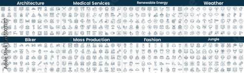 Linear Style Icons Pack. In this bundle include architecture, medical services, renewable energy, weather, biker, mass production, fashion, jungle