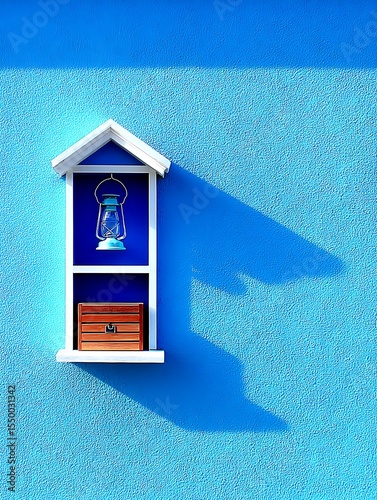 Decorative wall shelf with a lamp and wooden box