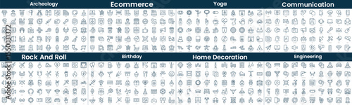 Linear Style Icons Pack. In this bundle include archeology, ecommerce, yoga, communication, rock and roll, birthday, home decoration, engineering