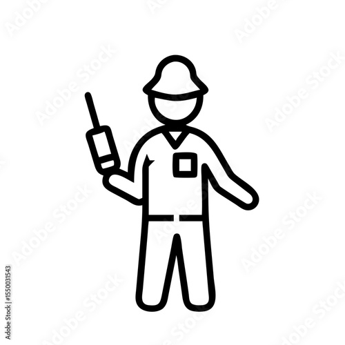 Security guard in uniform with walkie-talkie standing alert on transparent background