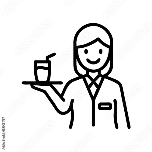 Flight attendant with tray and drink, smiling on transparent background