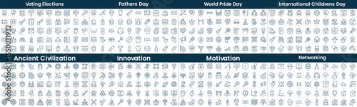 Linear Style Icons Pack. In this bundle include voting elections, fathers day, world pride day, international childrens day, ancient civilization, innovation, motivation, networking