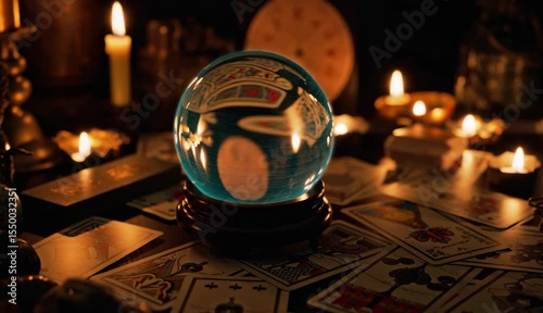 Mystic tarot reading session in a dimly lit room with crystal ball and candles