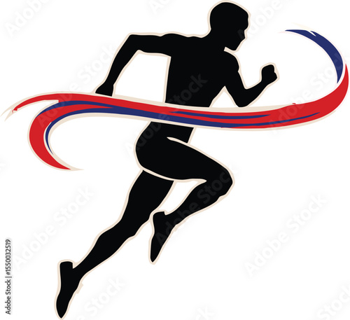 Dynamic Runner Silhouette Vector – Athletic Motion with Colorful Swirl Ribbon, Sports and Fitness Theme