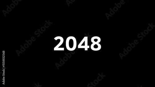 An animated icon displaying the number ‘2048’ on a solid black background. The digits are styled in a sleek, modern font with smooth animation effects such as fade-in, sliding, glowing edges.