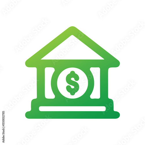 Green Bank Building Icon, bank building with a dollar sign, Financial Investment, and Banking Symbol.