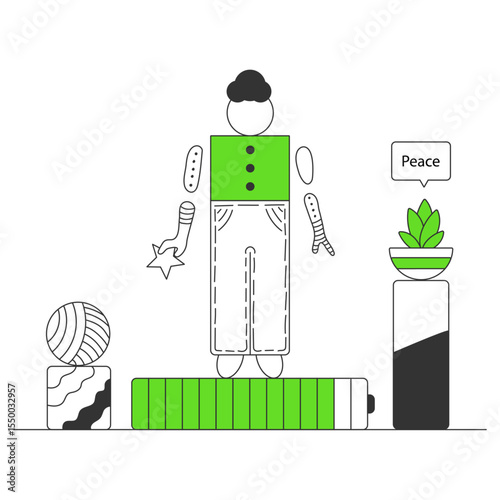 Abstract man with battery, plant, and geometric figures
