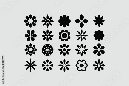 Groovy daisy flowers set. Flat black icons. Simple flower silhouette. Retro vintage style, hand drawn decorative elements.