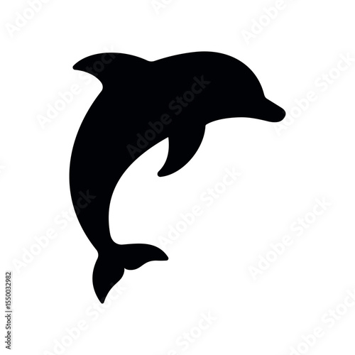Simple black silhouette of a dolphin in motion. Ideal for marine-themed designs, aquatic logos, animal symbols, wildlife icons, or educational visuals related to sea life.
