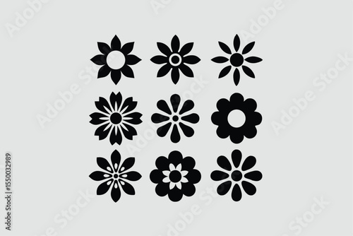 Groovy daisy flowers set. Flat black icons. Simple flower silhouette. Retro vintage style, hand drawn decorative elements.