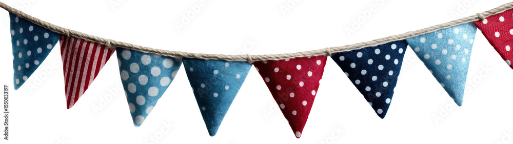 Obraz premium Bunting banner with polka dot pennant flags hanging on rope, party wedding decoration shabby chic cottage png.