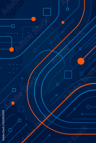 Abstract technology background with circuit board lines and connection nodes. Futuristic digital concept for hi-tech communication and network. Vector illustration of data flow and cyber system.