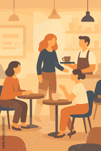 Coffee shop scene with barista serving a customer. People sitting at tables talking and drinking coffee. Cozy cafe interior with staff and clients. Modern flat vector illustration.