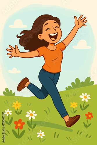 Joyful young woman running free with open arms in a summer flower field. Happy cartoon character enjoying life and nature. Positive lifestyle, wellbeing, and mental health concept vector illustration.
