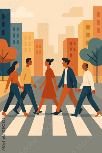 People crossing street on a zebra crosswalk in a modern city. Diverse group of pedestrians in an urban cityscape. Flat vector illustration concept of city life, community and society.