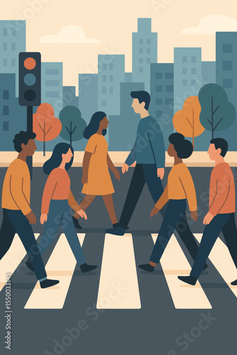 Diverse group of people walking on a crosswalk. Pedestrians crossing a street in a modern city. Urban lifestyle, community, and traffic safety concept. Flat vector illustration.