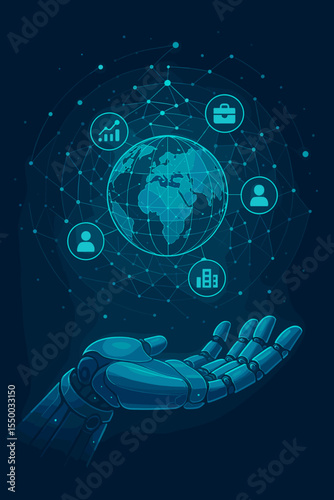 Artificial intelligence concept with robotic hand supporting a global business network. Futuristic technology for data analytics, digital transformation, and worldwide communication.