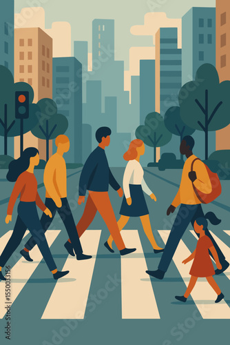 Diverse group of people crossing street on a crosswalk in a modern city. Pedestrians walking with urban cityscape background. Vector illustration of city life, community, society.