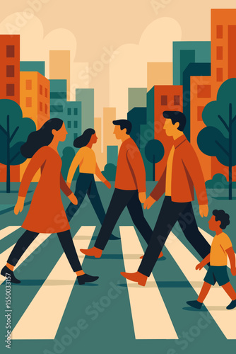 Diverse group of people, including a family with a child, crossing a city street on a pedestrian crosswalk. Urban lifestyle concept with a crowd walking in a modern cityscape.