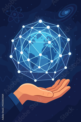 Global network connection concept. Hand holding planet Earth with glowing plexus data structure. Technology, communication, and science innovation. Future of internet globalization vector.