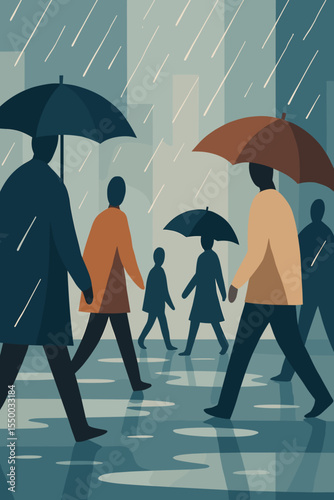 Rainy day in the city. Abstract illustration of people silhouettes with umbrellas walking on a wet street. Crowd commuting in bad weather. Modern flat vector of urban life with reflections.