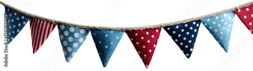 Bunting banner with polka dot pennant flags hanging on rope, party wedding decoration shabby chic cottage png.