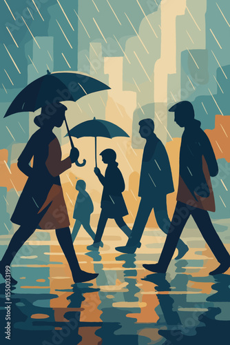 People silhouettes with umbrellas walking in the rain on a city street. Vector illustration of a crowd in an urban scene with reflections on wet pavement. Moody autumn weather.