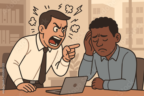 Angry boss shouting at a Black employee. Concept of workplace bullying, racial discrimination, and harassment. Vector illustration of verbal abuse, conflict, toxic work environment.